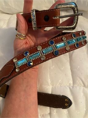 HANDCRAFTED  Belt Turquoise and Blue sequins  silver tone buckle